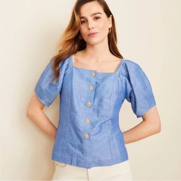 Ann Taylor Puff Sleeve Square Neck Top XXSP Linen Cotton Blend Button Down Blue - Picture 1 of 9